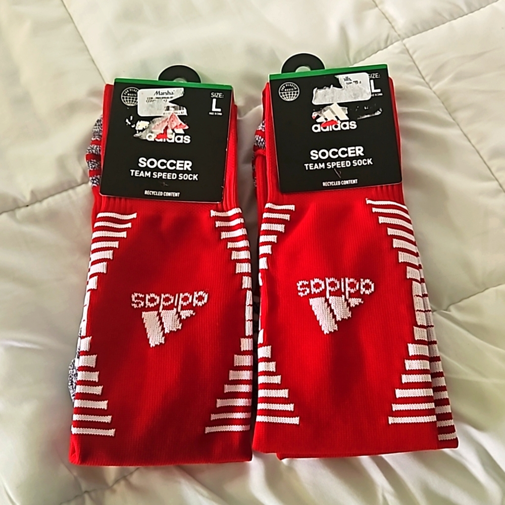 (2) Adidas Soccer Team Speed Soccer Socks Mens LARGE Power Red White Aeroready